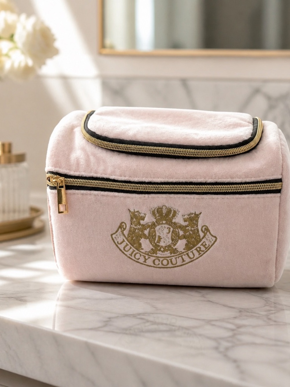 Juicy Couture Light Pink Velvet Cosmetic Case with Gold Logo